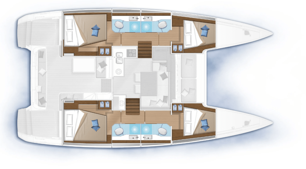 Plan intérieur des cabines du Lagoon 40 en version 4 cabines 4 salles de bain